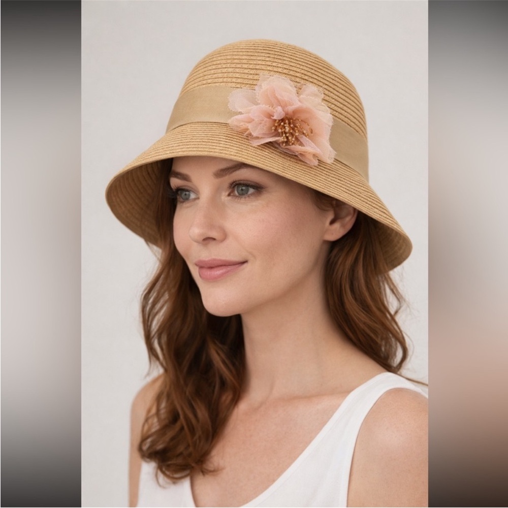 August Hat Company Straw Sun Hat with Beige Band and Floral Beaded Accent OS